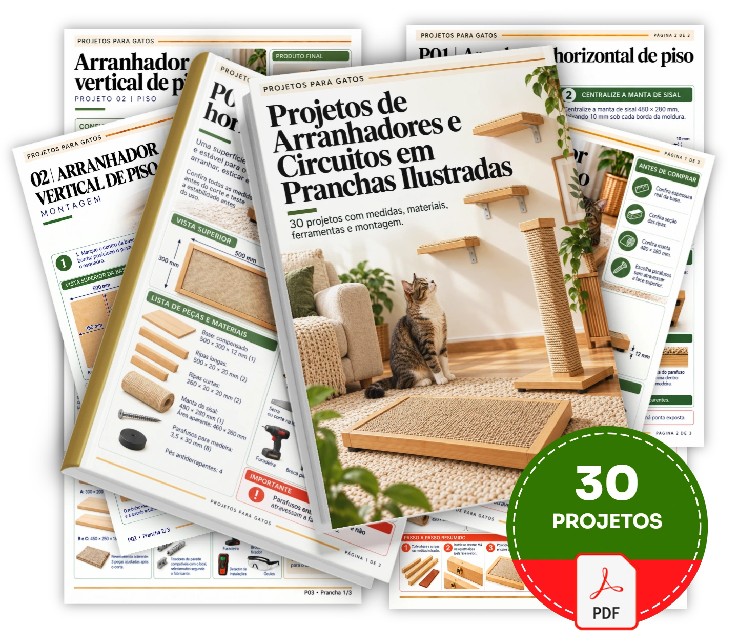 Construa um arranhador ou circuito para seu gato com 30 projetos visuais de peças, medidas e montagem.